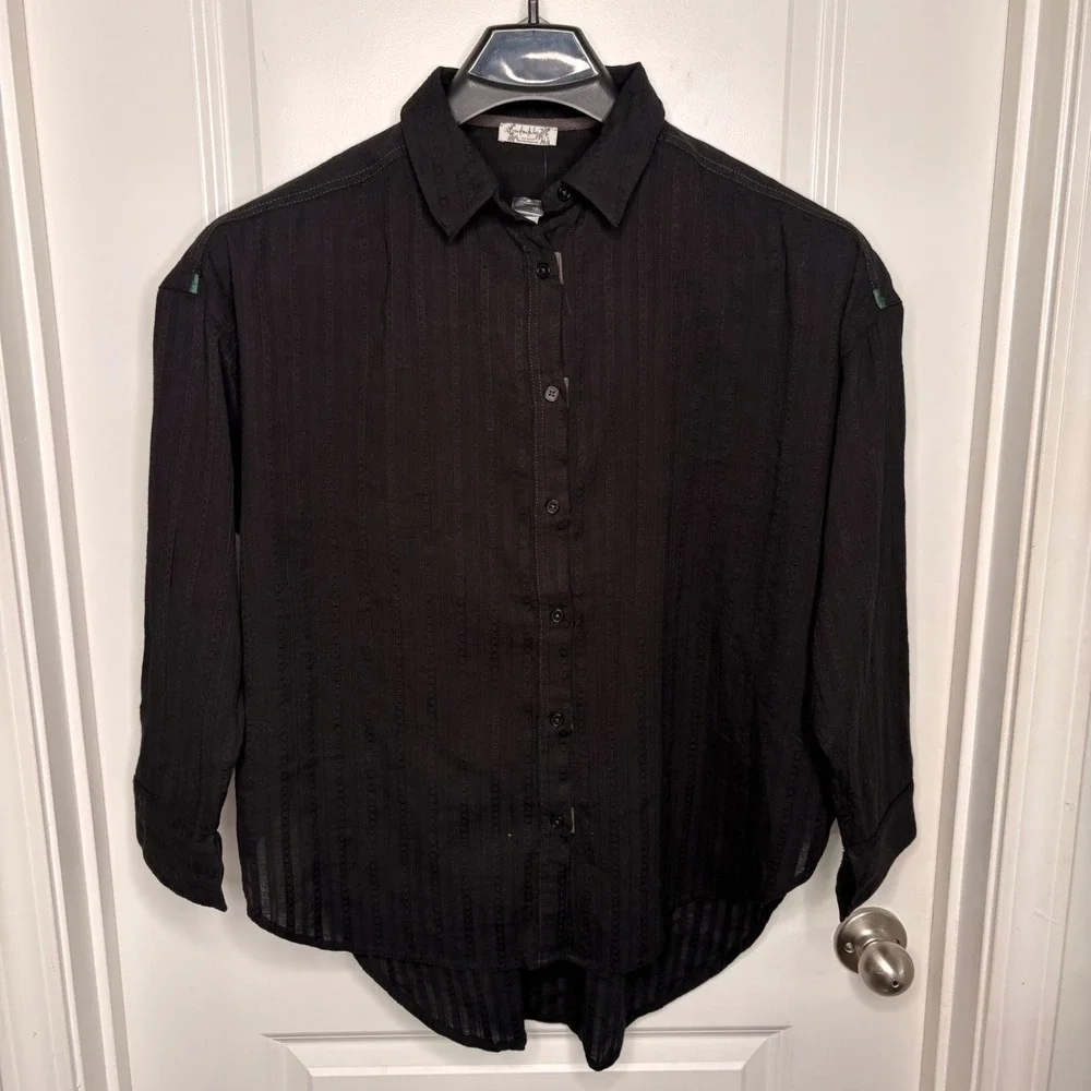 NEW Free People Black Button Down Gauze Shirt Oversized Cotton Casual Goth XS